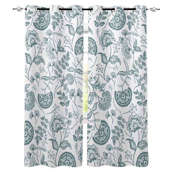 Boho Teal Green Floral Blackout Curtains 72 Inches Long for Bedroom, Vintage Farmhouse Paisley Leaf Thermal Insulated Room Darkening Black Out Window Curtain Panels Grommet Drapes for Living Room