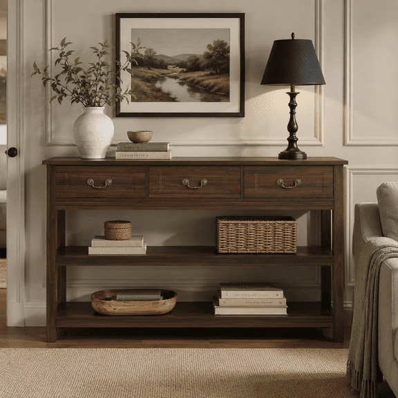 63 Inch Rustic Wood Console Table with 3 Drawers, 2 Open Storage Shelves