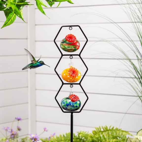 Pollinator Garden Bird Feeder, Glass Hummingbird Feeder Trio Stake