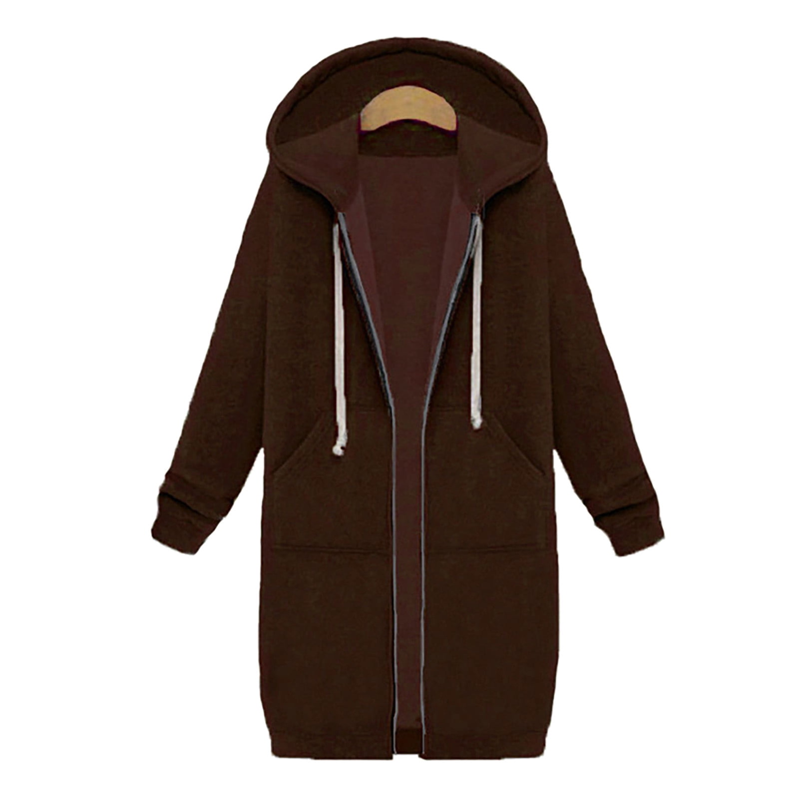 Scyoekwg Long Coats for Women Overcoat Long Sleeve Hooded Neck Coat Solid Color Casual Jacket Plus Fleece Insert Pocket Hooded Zipper Mid Length Sweater Coffee S