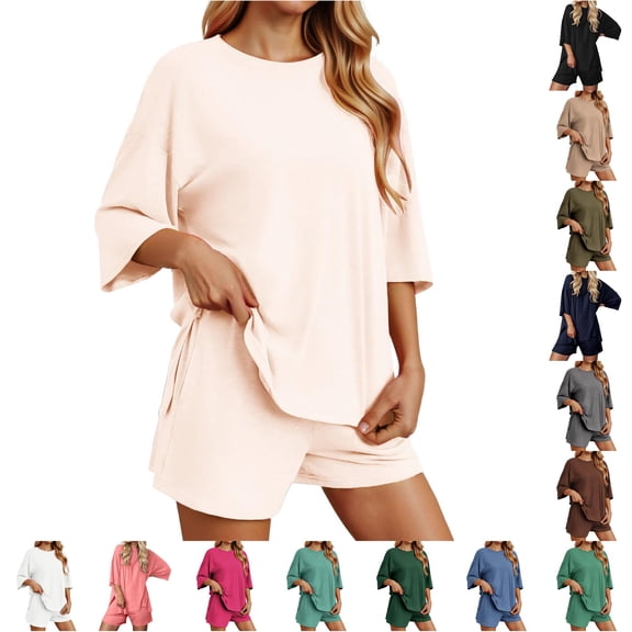 Tanghaowl Short Sets for Women, Women's Shorts Suit Set Round Neck T Shirt Athletic Shorts For Sports Summer Casual Wear Comfortable Machine Washable Outfit Beige S
