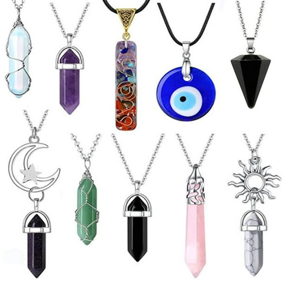 10Pcs Crystal Necklace Set Crystal Pendant Necklace Evil Eye Necklace Vintage Fashion Moon Sun Jewelry Amethyst Crystal Rose Quartz Obsidian Heart Carnelian Necklace for Women Girl