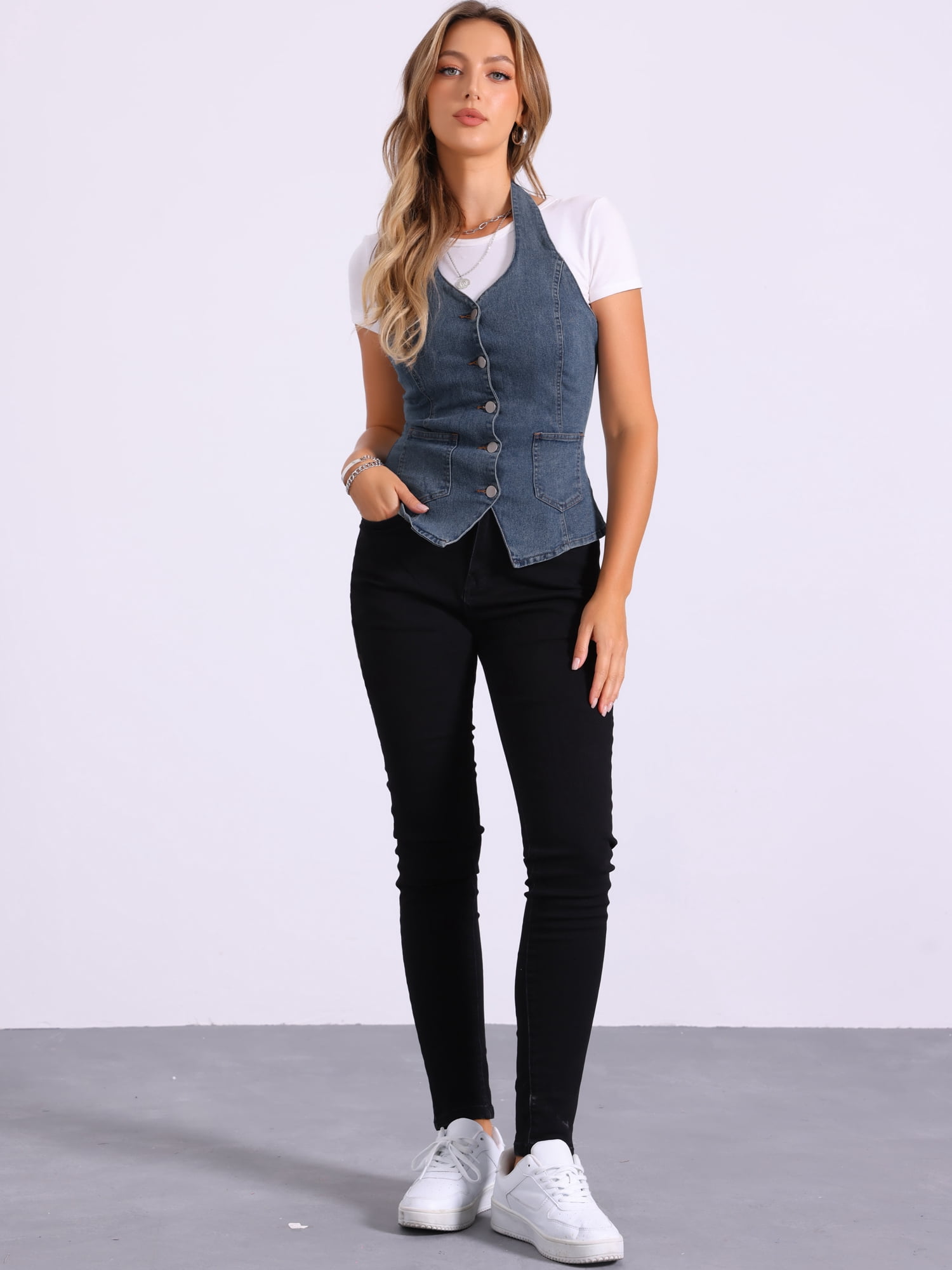 DARING DIVA Women's Halter Neck Button Down Backless Jean Waistcoat XS Gray Blue
