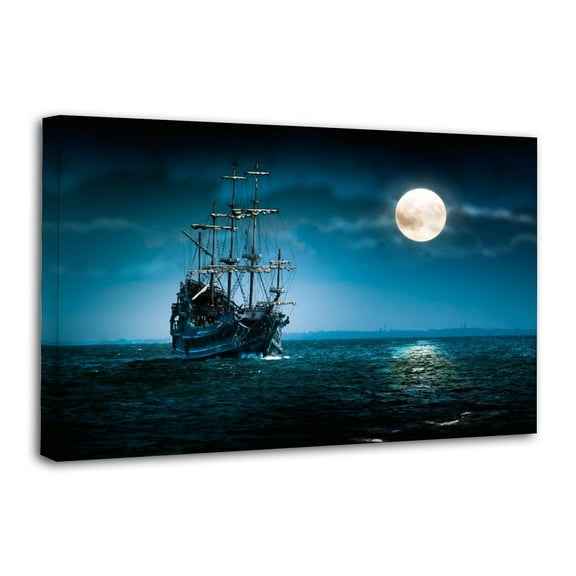 Pirate Ship And Moon on Blue Sea Artworks Canvas Poster Room Aesthetic Wall Art Prints Home Modern Decor Gifts 16x24inch(40x60cm)