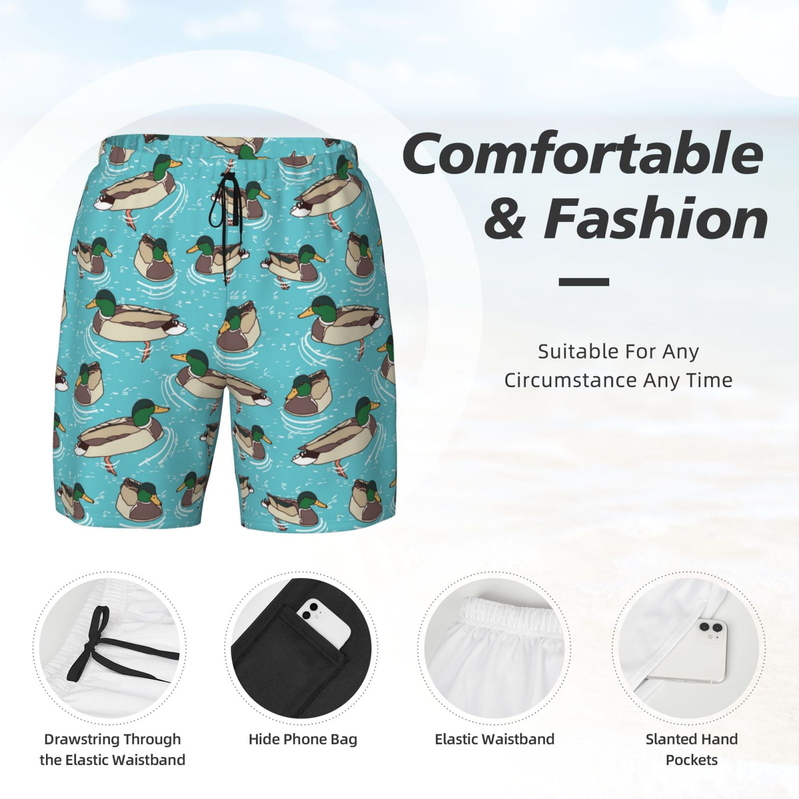 Gukieu Mallard Ducks Swimming In The Lake Print Men's Double Layer Sports Swim Trunks, Quick Dry Adjustable Waist Swim Shorts Swimwear-Small
