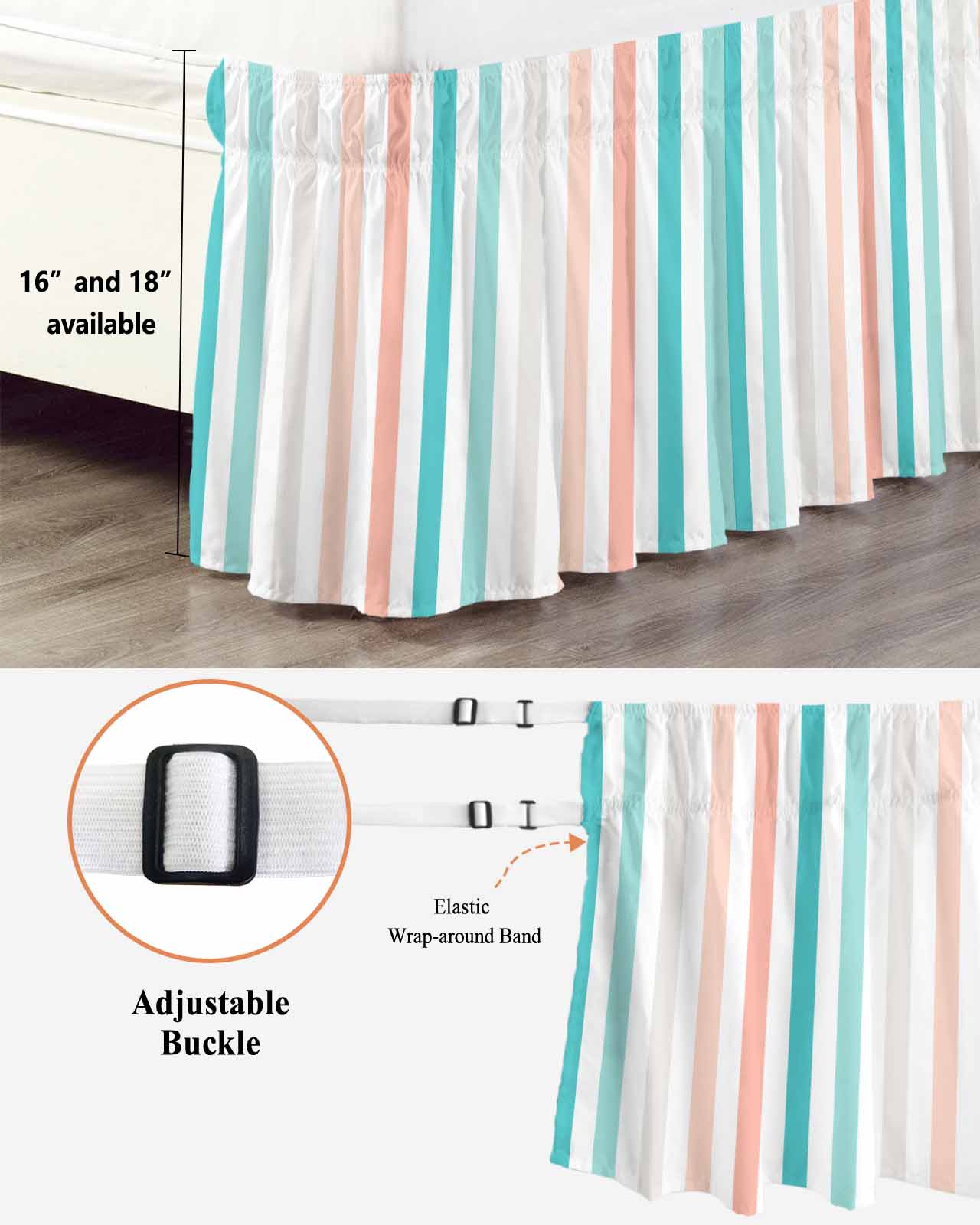 Coral Red Aqua Stripes Ruffle Bed Skirt Queen Size Minimalist Abstract Vertical Striped Adjustable Elastic Dust Bed Skirts Wrap Around Bedskirt Wrinkle Free Easy Fit with 18 Inch Drop