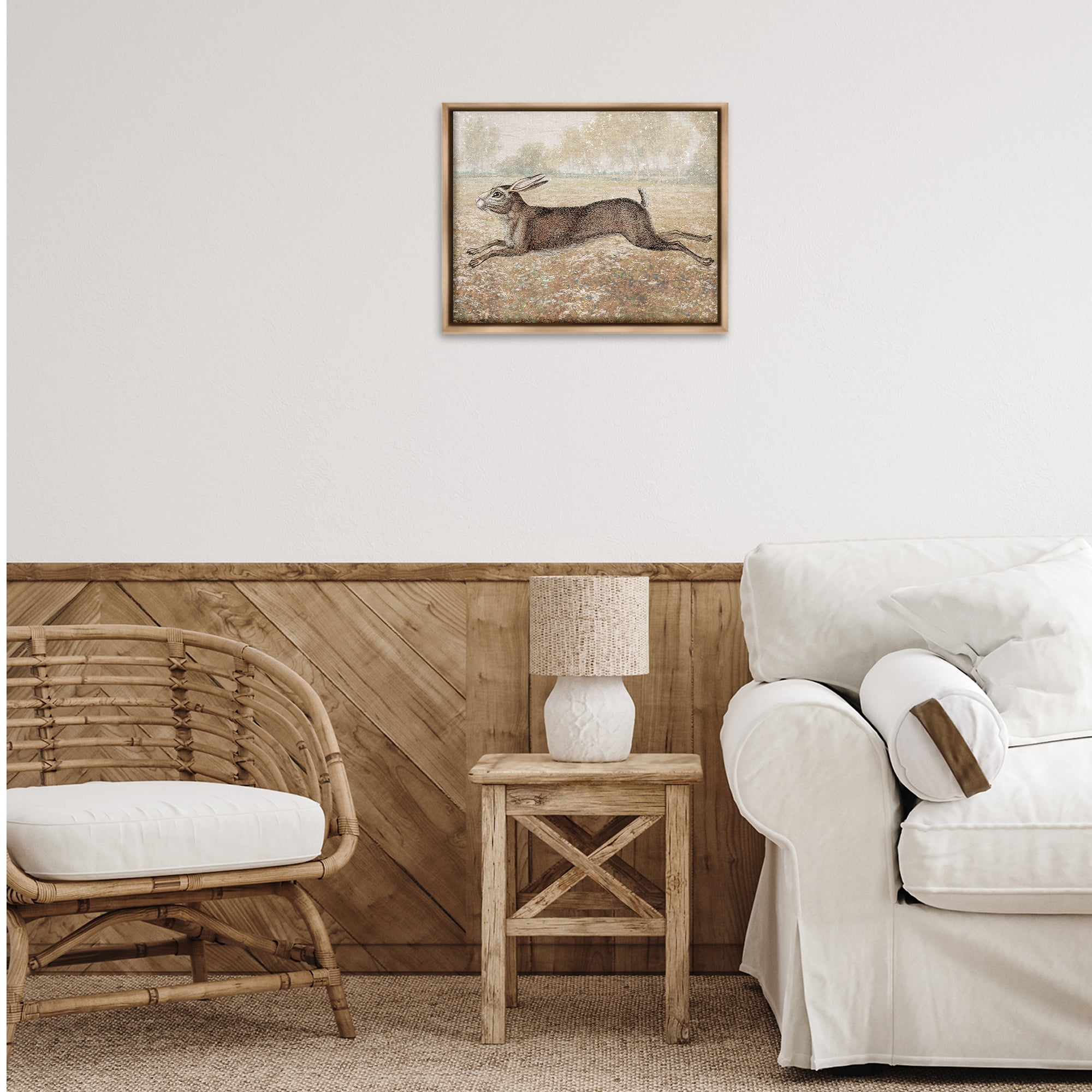Stupell Industries Traditional Jumping Hare Landscape & Nature Painting Brown Floater Framed Canvas Art Print Wall Art, 21 x 17