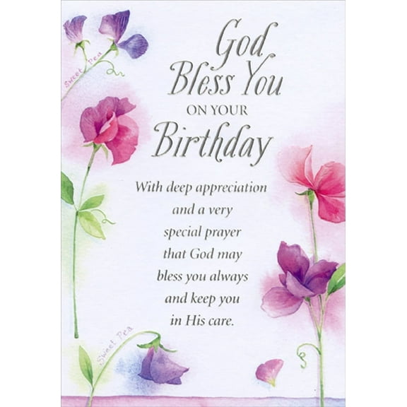 Designer Greetings Bless You and Keep You In His Care Red and Purple Flowers Religious Birthday Card