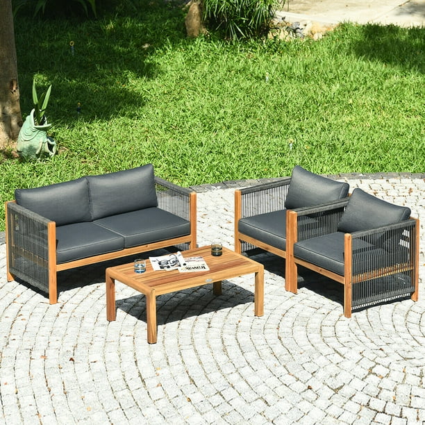 Gymax 8PCS Acacia Wood Outdoor Patio Furniture Set Cushioned Sofa