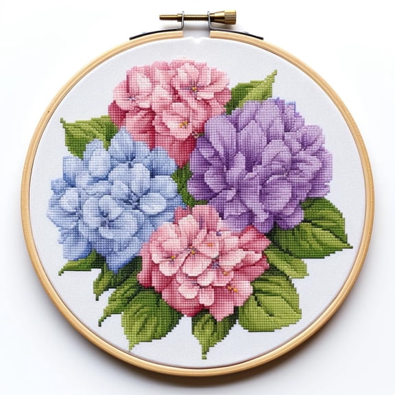 Colorful Hydrangea DIY Stamped Cross Stitch Kits for Beginners Easy with Hoop 11CT Needlepoint Embroidery Counted Cross Stitch Kits Art Craft Wall Decoration 35x35cm(1)