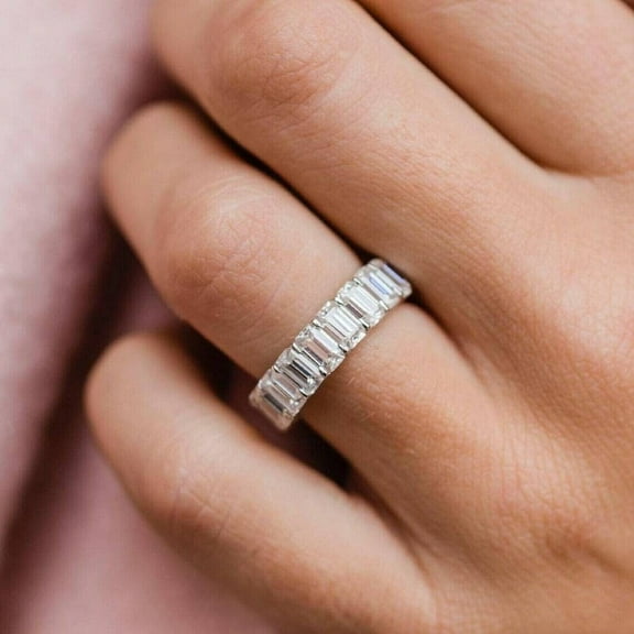 3.00 Ct Emerald Cut Lab Created Full Eternity Wedding Band 14k White Gold Plated