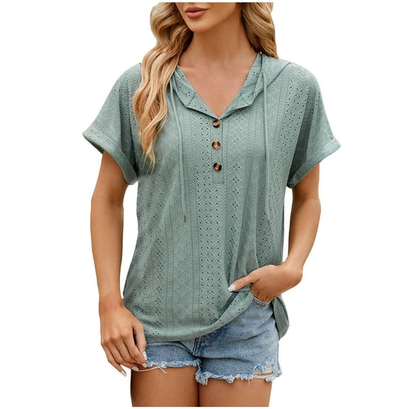 Lovskoo 2024 Summer Tops for Women Trendy Solid Color V-Neck Hollow Out Recreational Short Sleeve Tops Blouse Green-S