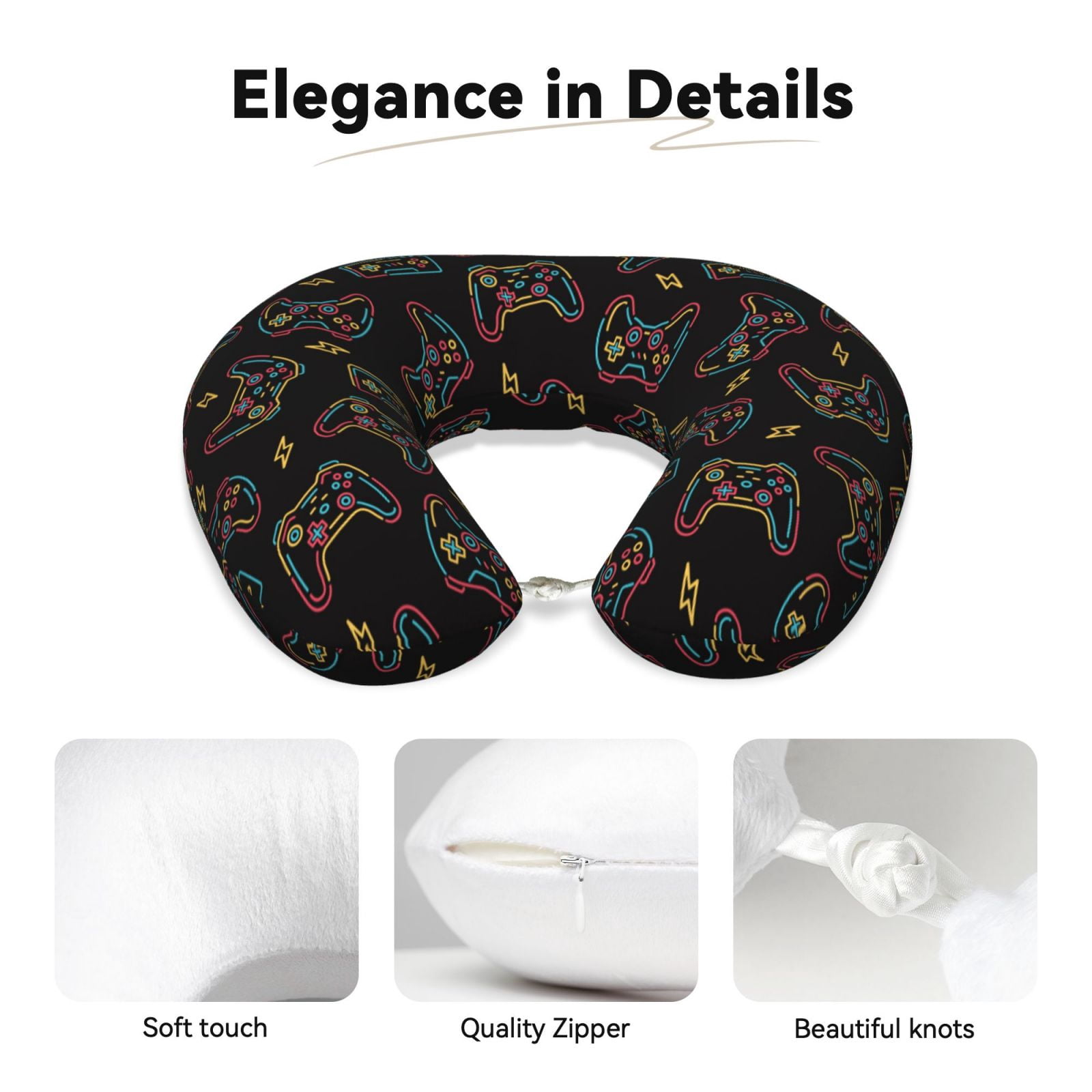 Xecao Colorful Game Controller Print Memory Foam Cervical Neck Pillow Versatile U-Shaped Pillows for Home,Office,Camping,Travelling,Soft Washable Cover