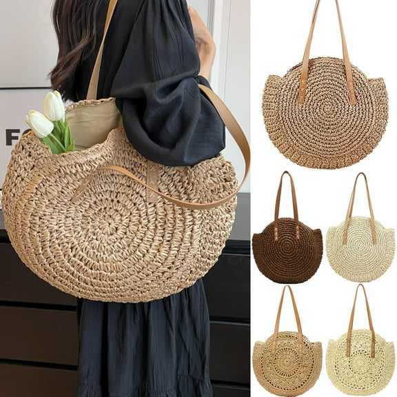 Straw Handbags Women Handwoven Round Corn Straw Bags Natural Chic Hand Large Summer Beach Tote Woven Handle Shoulder Bag