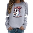 thumbnail image 3 of WEIWEN Halloween Sweatshirts for Women Cute Ghost Drinking Coffee Sweaters Pumpkin Printed Fall Outfits for Women Long Sleeve Shirts Women's Clothing Womens Tops Light Gray, S, 3 of 5