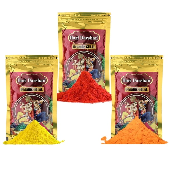 Organic Holi Gulal Combo Pack Of 5 X 100gm Each In 2 Red, 2 Yellow & 1 Saffron Color - Eco Friendly Holi Colours | Made Of Natural Corn Starch Powder - Skin Friendly Scented Handmade Herbal Colour