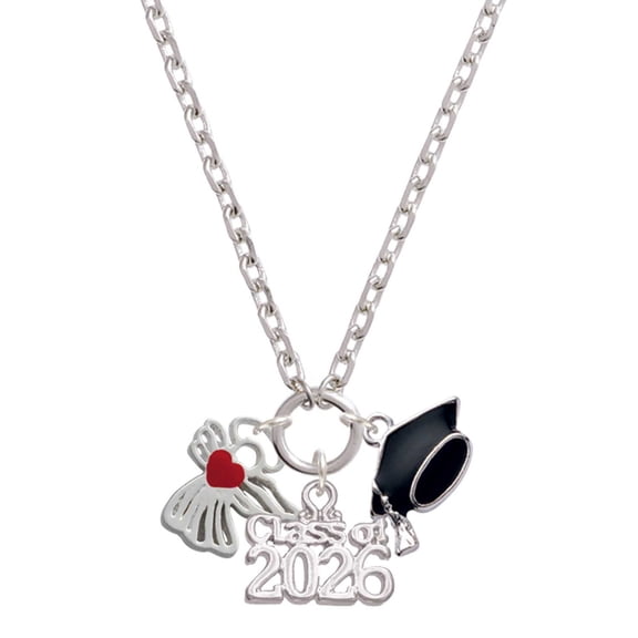 Delight Jewelry Silver-tone Lined Angel with Red Heart - Class of 2026 Graduation Zoey Charm Necklace, 28"