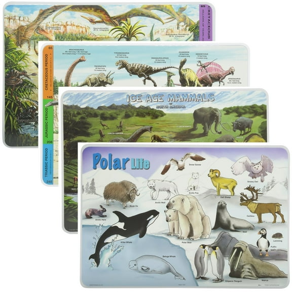 Painless Learning Educational Placemats Sets Dinosaurs, Pterosaurs, Ice Age Mammals and Polar Life Placemat Non Slip Washable