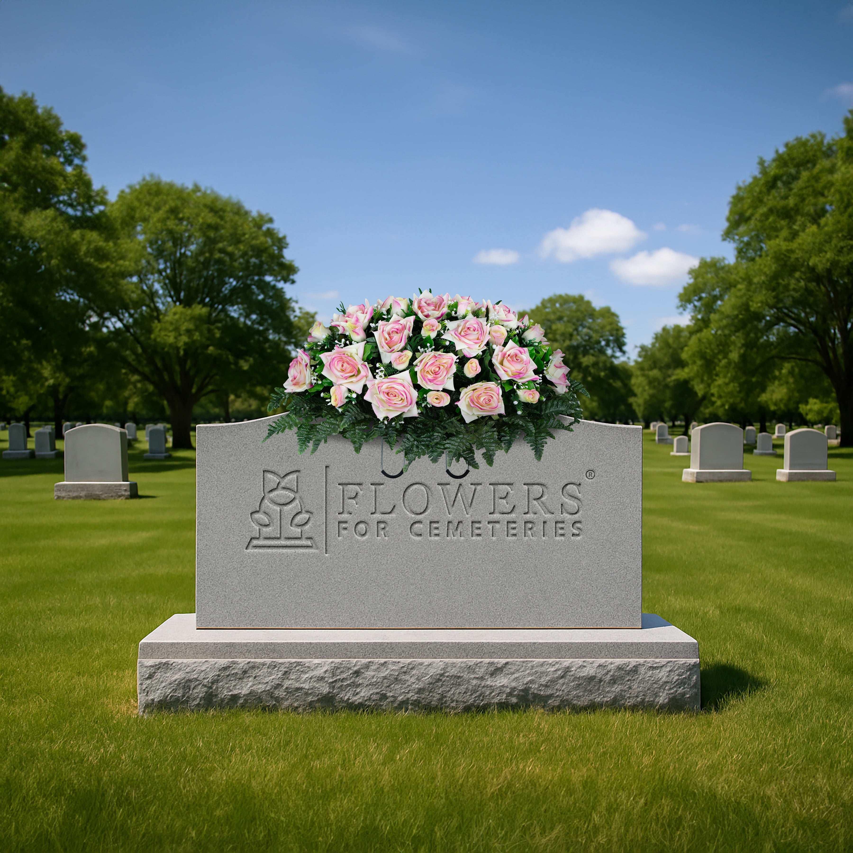 Sympathy Silks Artificial Cemetery Flowers - Cream Pink Open Roses and Rose Buds - Outdoor Saddle for Headstone