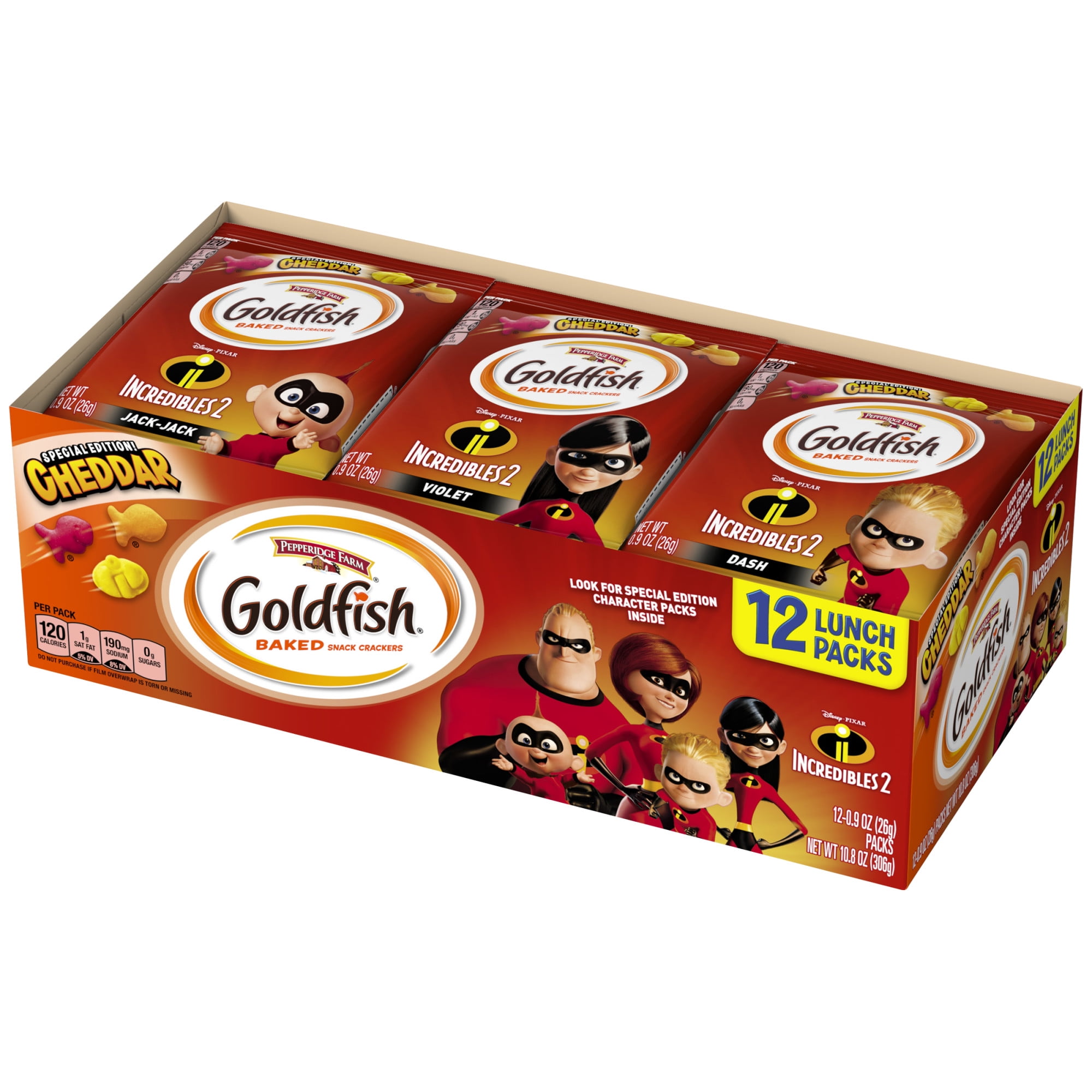 Pepperidge Farm Goldfish Special Edition Disney∙Pixar Incredibles 2 Cheddar Crackers, 10.8 oz. Multi-pack Tray, 12-count 0.9 oz. Single-Serve Snack Packs
