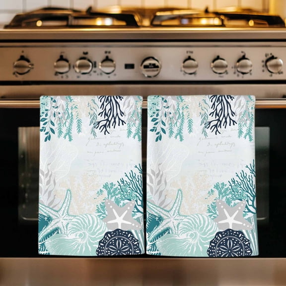 Coastal Starfish Kitchen Towels Set of 2, Ocean Weeping Coral Beach Conch Turquoise Absorbent Dish Towels for Kitchen, Microfiber Hand Towel, Quick Drying Tea Towel for Cleaning Decorative Dishcloths