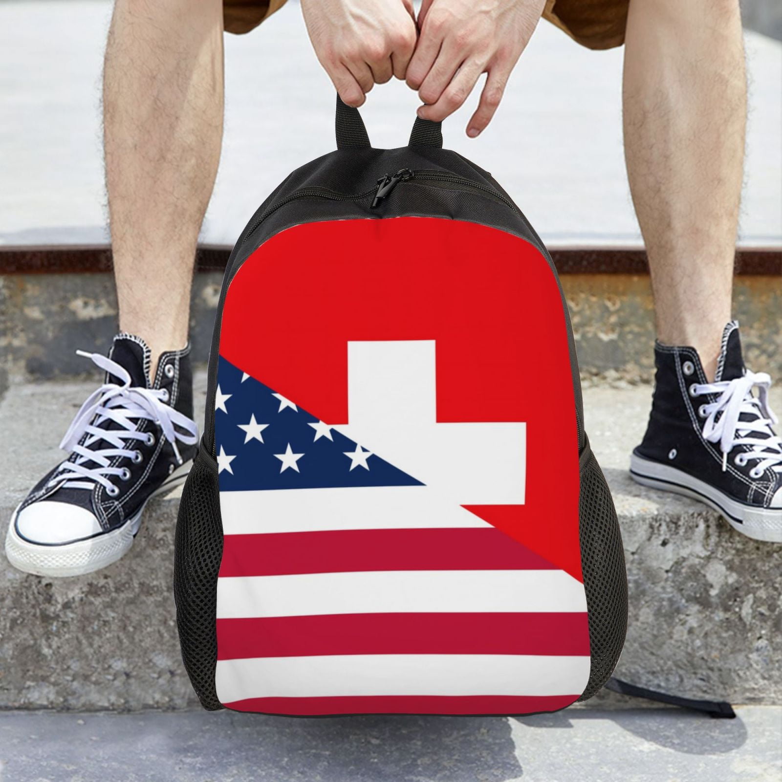 Xecao USA Switzerland Print School Backpack with Laptop Compartment Small Travel Laptop Backpack for Women Men Waterproof College Backpack Simple School Bag