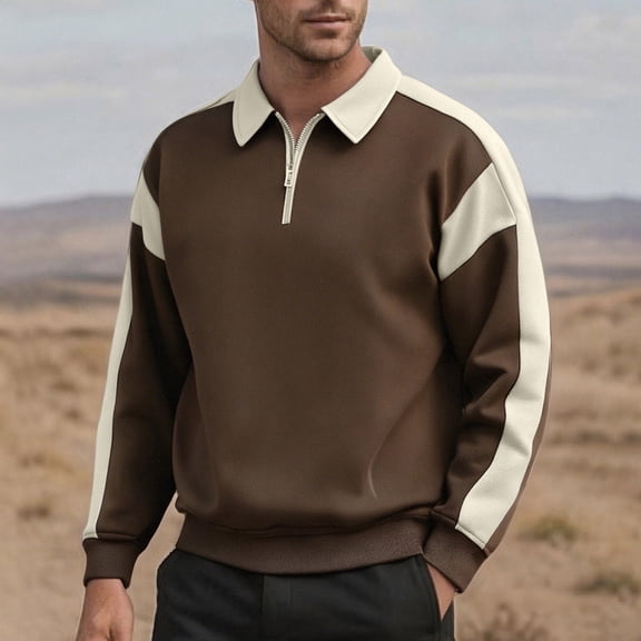 Zylanna Men's Long Sleeve Polo Shirts, Turndown Collar Spring Fall Slim Fit Solid Casual Pullover Tops for Man Coffee