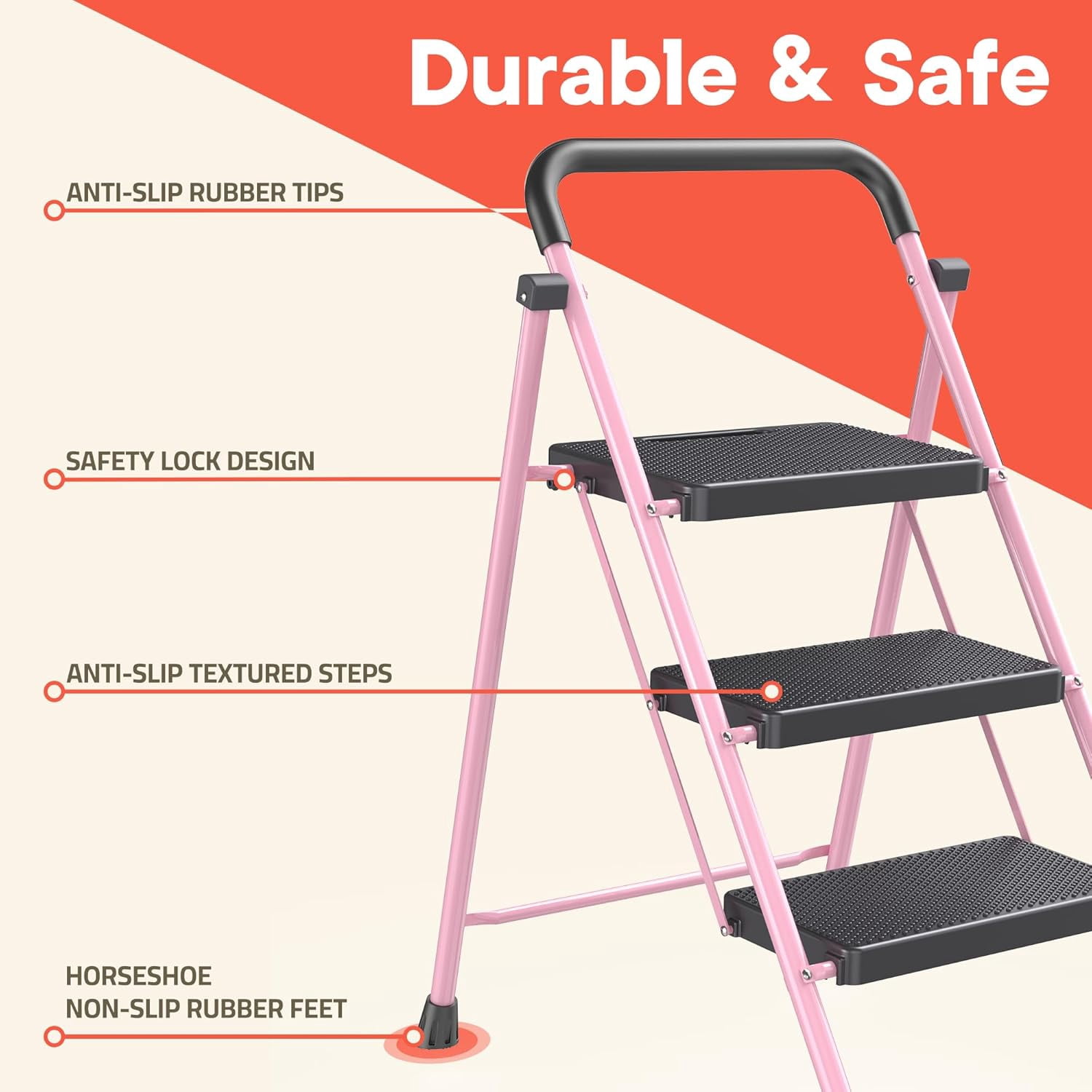Pink 3 Step Stool Foldable – Heavy-Duty Foldable Step Stool for Adults, 500 lbs Capacity, Anti-Slip Feet & Wide Steps, Lightweight & Space-Saving Design for Home, Kitchen & Garage