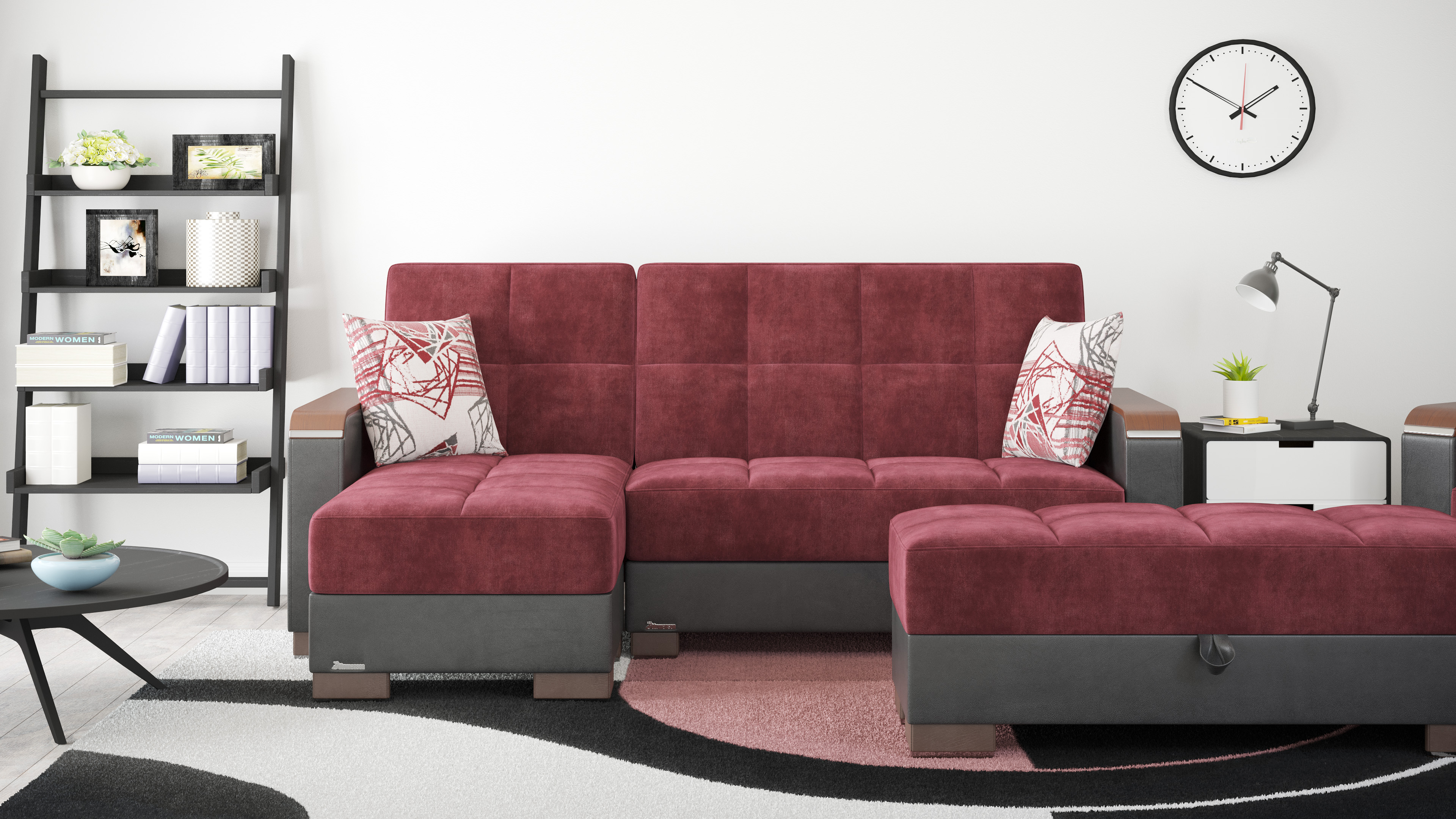Ottomanson Origins X Modern Convertible L-Shaped Sectional Sofa, Burgundy Color Microfiber