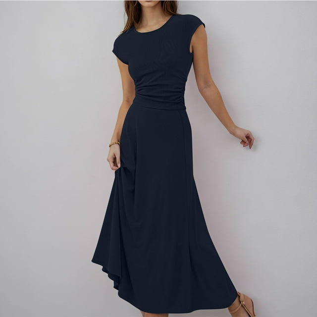 lcziwo Ensemble d'Été 2 Pcs pour Femme, Décontracté, Col Ras du Cou, Manches Courtes, Hauts en Tricot Froncés, Taille Élastique, Jupe Midi Évasée, Bleu Marine, m