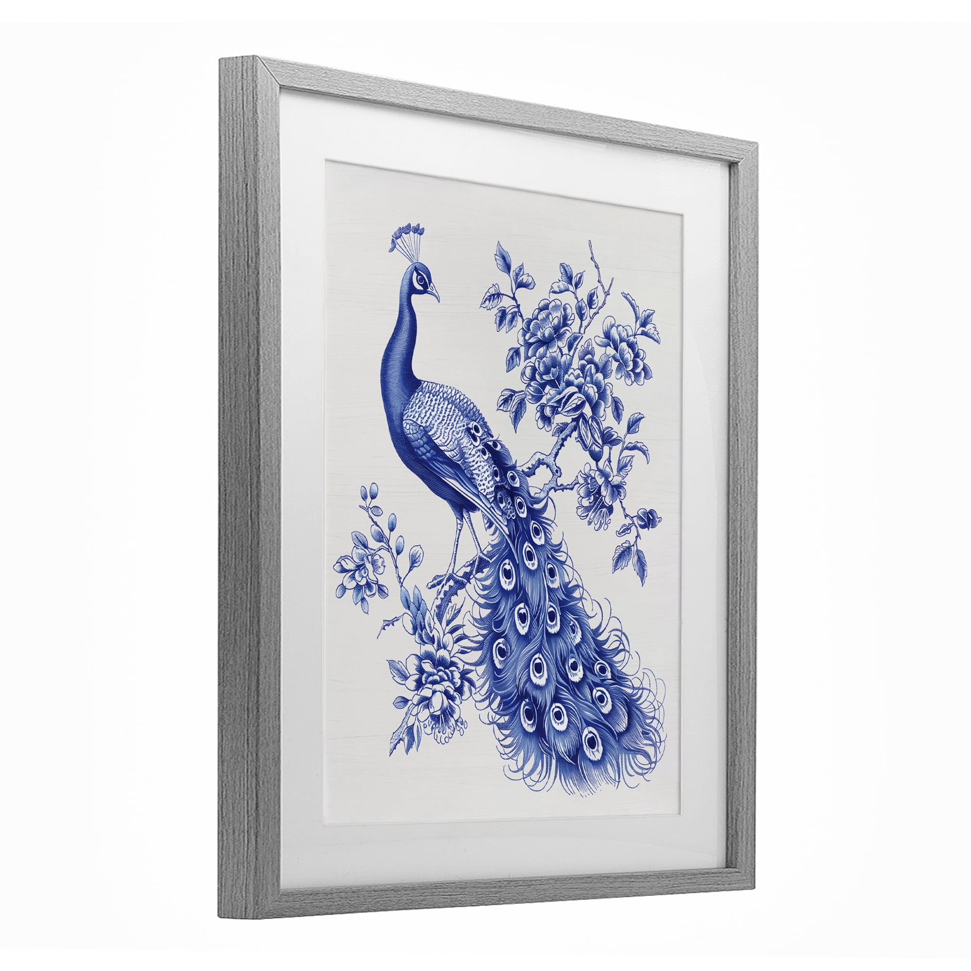 Vintage Peacock in Toile Style Gray Framed Print Under Glass, design by Lettered and Lined