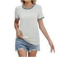 thumbnail image 1 of V Cuello Manga Corta Tops para las Mujeres de Moda Patchwork Encaje Mangas Color Sólido Camiseta, 1 of 4
