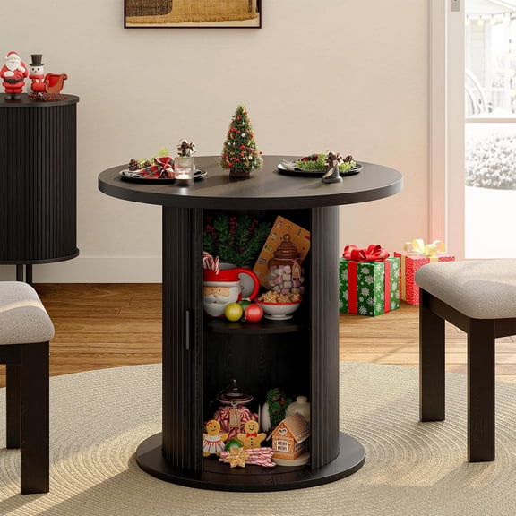 31.5" Round Dining Table for 2, Fluted Design with 2-Tier Storage, Small Kitchen Table with Sliding Door