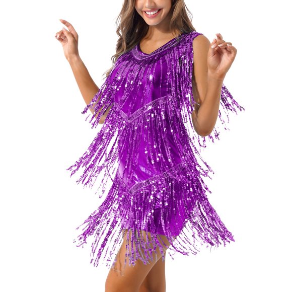 iefiel Women's Sequins Tassels Wrap Fringe Samba Rumba Latin Dance Costume Cocktail Party Dresses Purple M