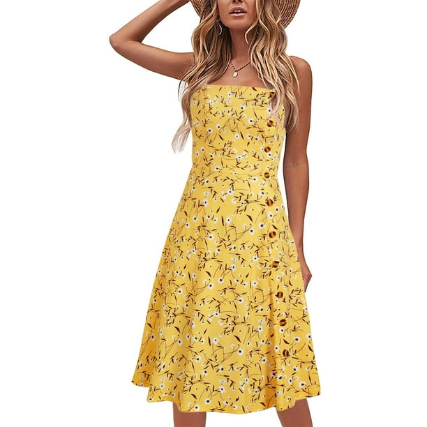 Lindos vestidos de verano con flores amarillas para mujer, casual