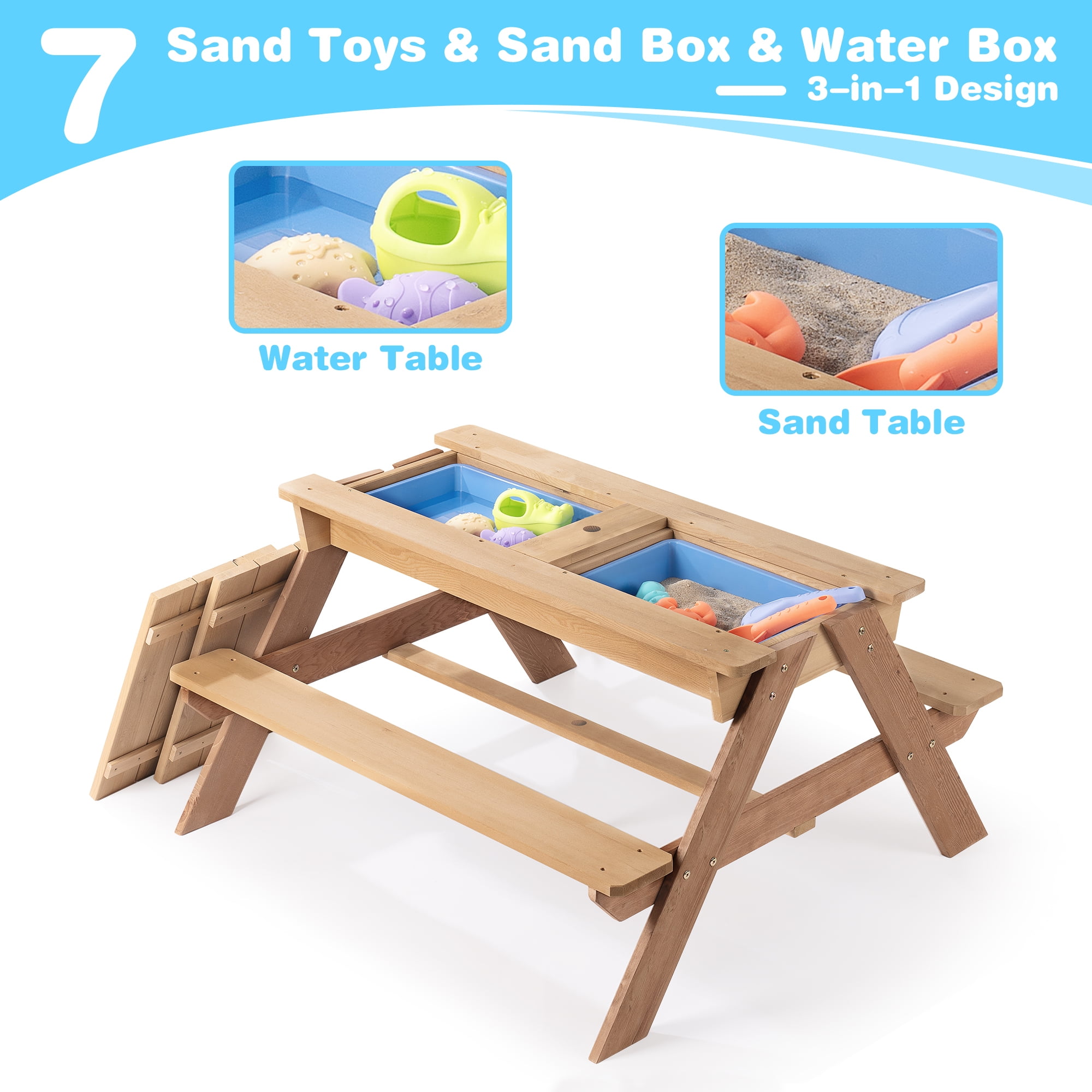 3-in-1 Outdoor Wooden Picnic Table With Umbrella, Convertible Sand & Water Activity Table