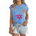 thumbnail image 3 of Women'S Cap Sleeve Floral Short Sleeve Sweater Crew Neck Casual Knit Pullover Tops Blue M, 3 of 10