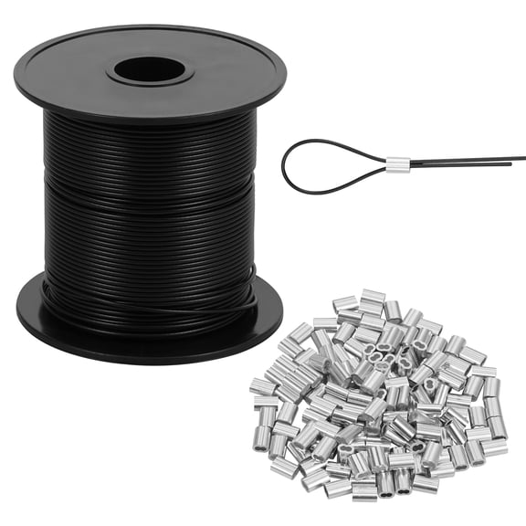 AEVXKHI Vinyl Coated Wire Rope, 328 FT Stainless Steel Wire Cable with 150 Crimping Loop Sleeves for String Light Indoor Outdoor