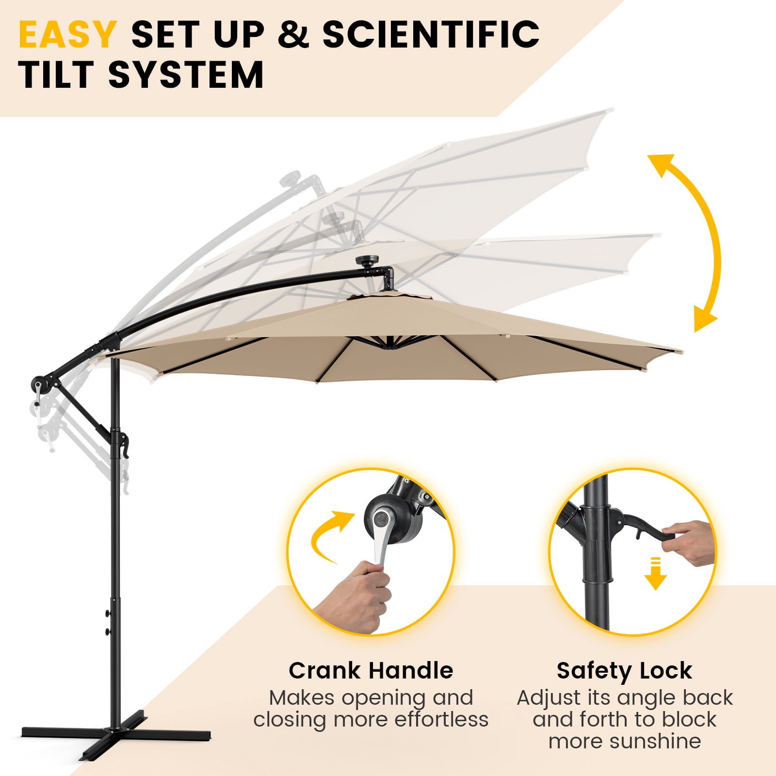 Topbuy 10FT Solar Offset Umbrella Tilted Cantilever Umbrella with 112 LED Lights Lighted Patio Sun Shade with Crank Handle Beige
