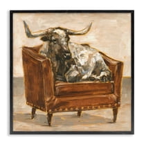 Stupell Industries Brown Bull Resting in Orange Brown Chair Painting Framed Wall Art Design by Ethan Harper, 12" x 12", Black Framed