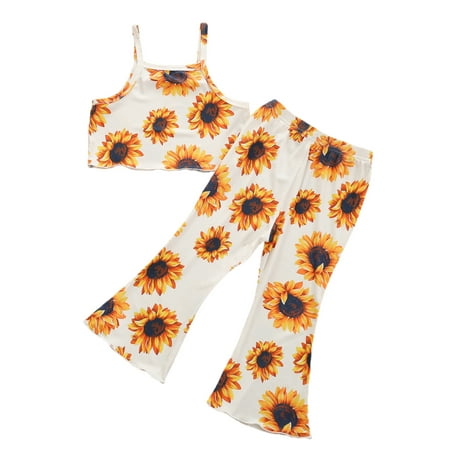 

Xingqing 2PCs Kids Baby Girls Summer Clothes Floral Print Strap Sleeveless Crop Tops Flare Pants Outfits Sets 1-6 Years