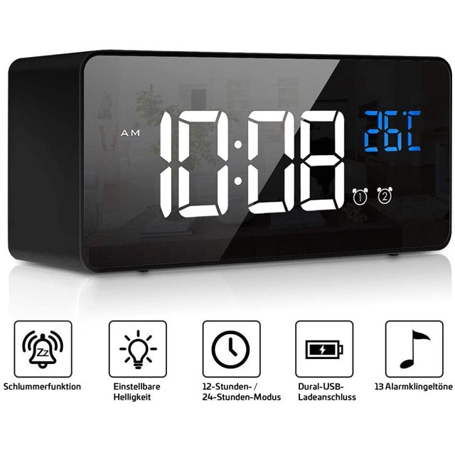 Reloj despertador digital, reloj digital LED, reloj de mesa con función de control de voz y pantalla de temperatura, alarma de espejo con alarma dual, tiempo de repetición, 4 niveles, regulador de bri Namotu LL-0812