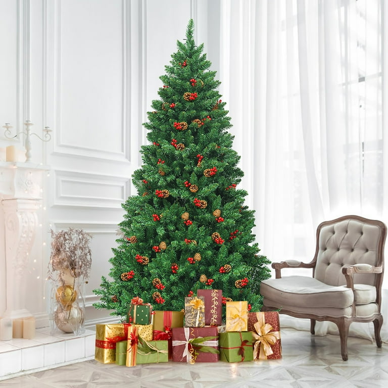 HAPPYGRILL 5 FT Pre-lit Artificial Christmas Tree, Hinged Xmas Tree W/ 190 Warm White LED Lights, 8 Modes, 602 Branch Tips, 26 Pine Cones & Red Berries, Snowy Leaves