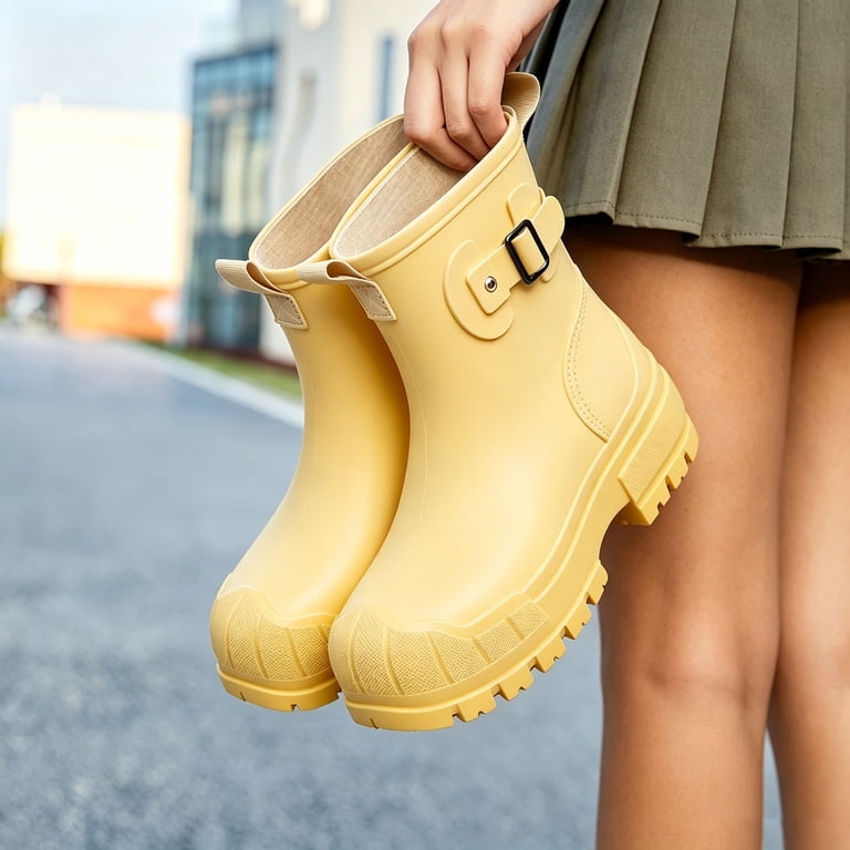 Women's Fashion Short Ankle Rain Boots Deep Anti Slip Block Sole