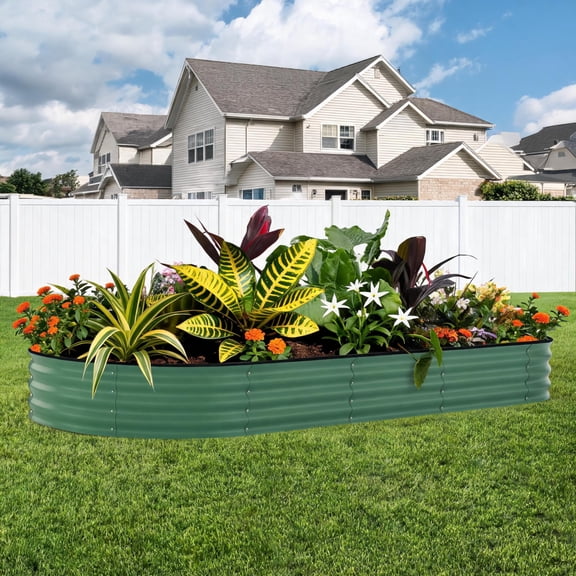Oval Raised Garden Bed 8x4x1.5 ft, Color Steel Planter Box for Vegetables Flowers, Rust-Resistant Outdoor Raised Bed with Anti-Cut Strip, Easy Assembly Garden Box, Green
