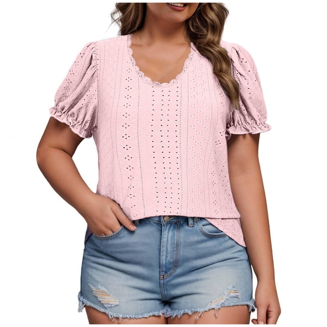 Timegard Womens Tops Plus Size Ruched Ruffle Short Sleeve Eyelet Scoop Neck Casual Loose Shirts Top