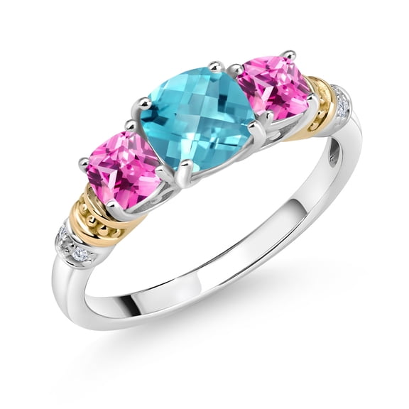 Gem Stone King 925 Silver and 10K Yellow Gold Swiss Blue Topaz Pink Created Sapphire and Diamond 3-Stone Ring for Women (1.84 Cttw, November Birthstone, Cushion Checkerboard 6MM and 4MM, Size 7)