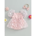 thumbnail image 4 of Arvbitana Infant Baby Girls Short Puff Sleeve Romper Dress Square Neck Butterfly Print Tulle One-piece Jumpsuit Headband 2Pcs Casual Bodysuits 0-24M, 4 of 7