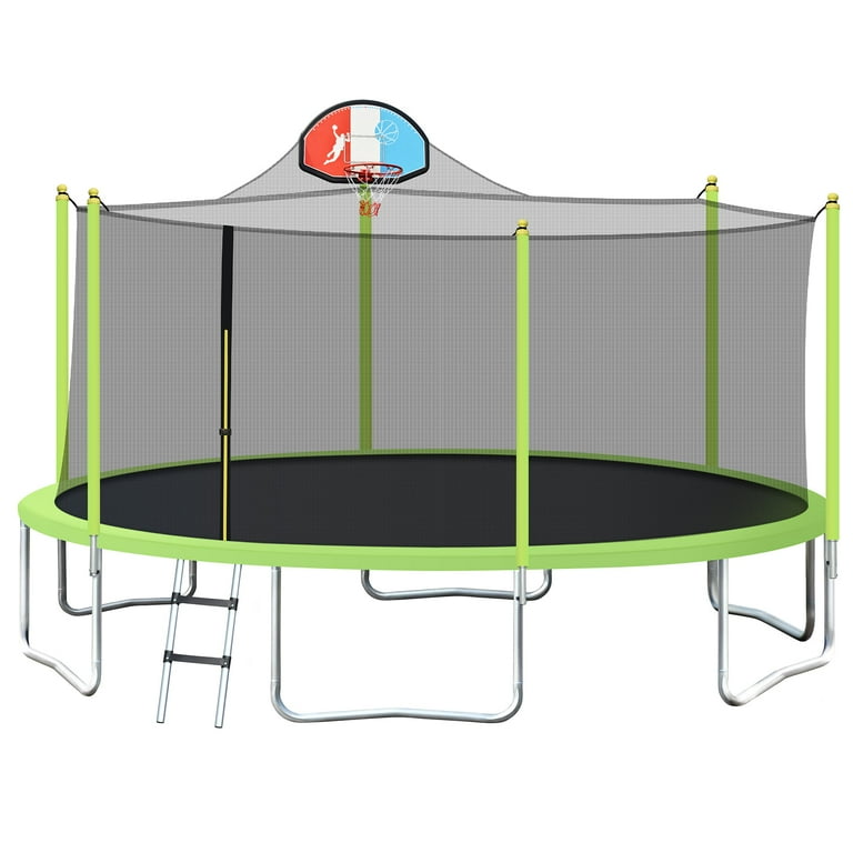 Clearance 16FT Trampoline for Kids with Safety Enclosure Net Basketball Hoop and Ladder Easy Assembly Round Outdoor Recreational Trampoline Walmart