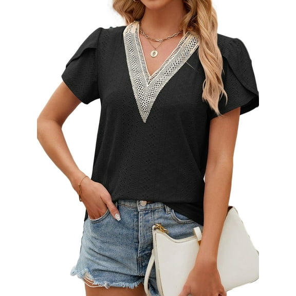 TEMOFON Women's Petal Sleeve Tops Color Block Summer Casual Tshirts Loose Fit Shirts Fashion Lace V Neck Black Tees Size M